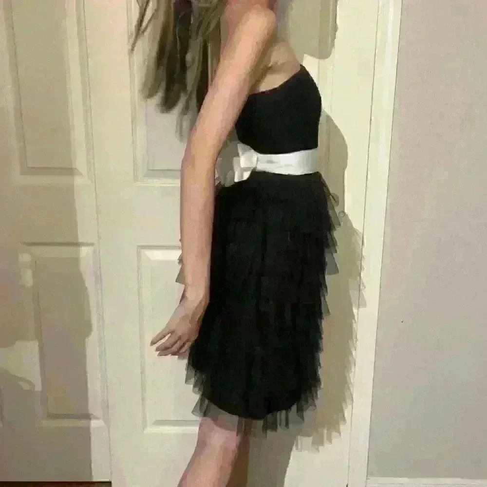 Vintage Betsey Johnson Black Strapless Corset Dress Tulle Ruffle Mesh Bow Size 0 - Picture 4 of 15